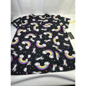 Just Love Women's XL Black V-Neck T-Shirt Unicorn Rainbow Scrub Top NWT